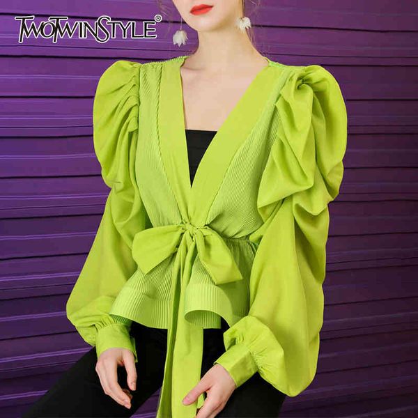 

casual patchwork pleated women blouse v neck lantern long sleeve high waist lace up ruffle shirt female fashion 210524, White
