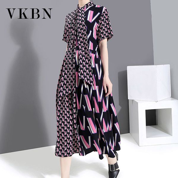 VKBN Primavera e Vestido de Verão Mulheres Escritório Senhora Geométrica Padrão Impressão Desligado Collar Colar Dress Elegant 210507