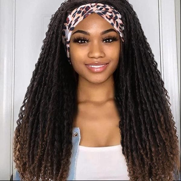 

synthetic wigs kinky curly twist headband ombre brown dreadlocks spring wig long hair crochet braided for black women