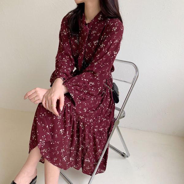 

casual dresses ed floral print mid-length 2021 spring and summer korean loose-fitting female style long, Black;gray
