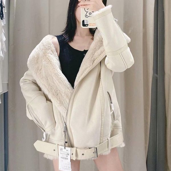 

women's leather & faux ly varey lin winter women thick warm lambs wool coat female zipper lapel loose motorcycle jackets fashion jacket, Black