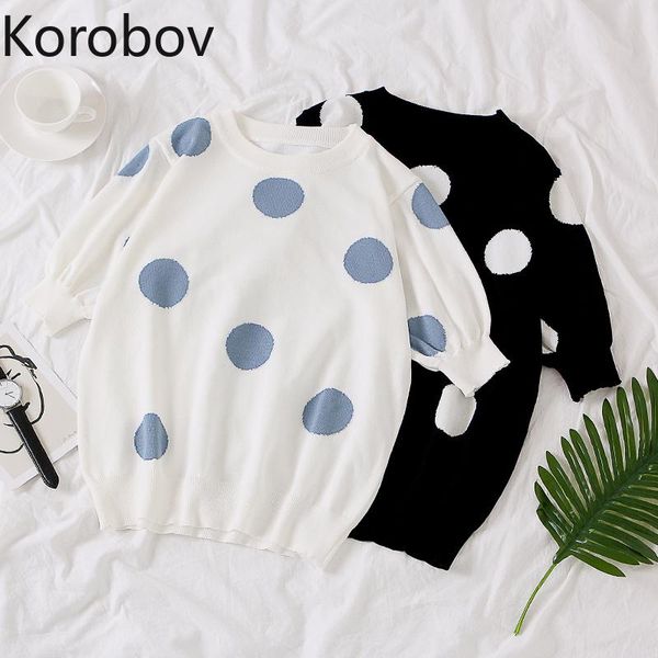 

korobov 2021 arrival summer o neck sweaters korean puff short sleeve dot pattern pullovers sweet fashion kawaii sueter mujer women's, White;black
