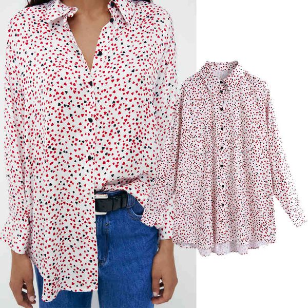 

women's blouses & shirts new fashion women stripe heart-shaped printing shirt single breasted long sleeve chiffon shirt casual loo, White