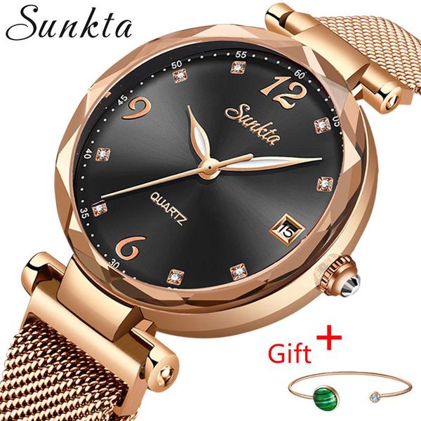 

wristwatches sunkta luxury watch women gifts clock wrist watches for casual dress rose gold sport zegarek damski reloj para mujer, Slivery;brown