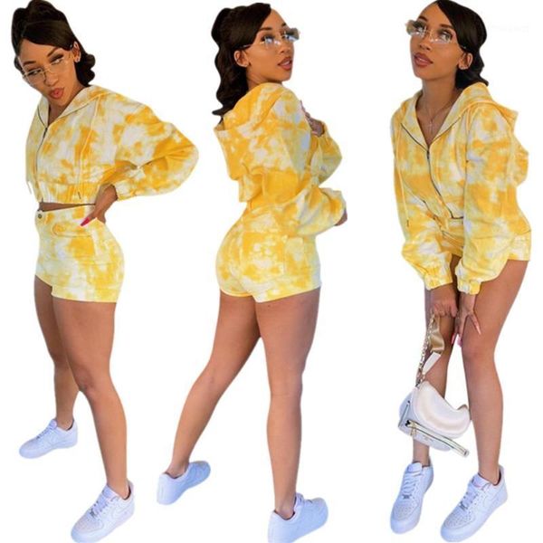 

women's tracksuits yellow color printed woman casual two piece matching sets full sleeve hooded zipper coat crop skinny mini pocket, Gray