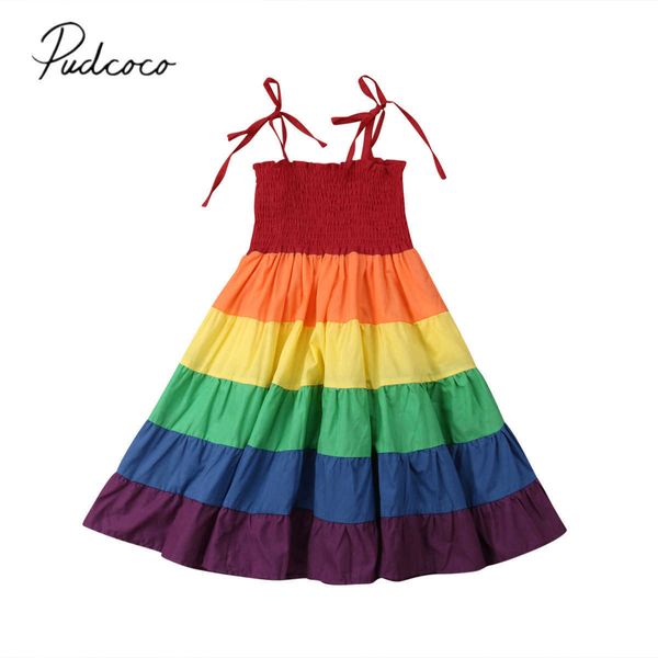 2019 marca nova criança criança bebê meninas vestido colorido arco-íris listrado impressão ruffles uma linha vestido de verão verão roupa fofa 2-7Y Q0716