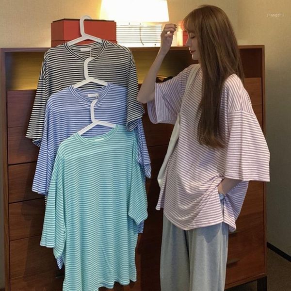 

women's t-shirt spring summer 2021 korean lazy wind loose stripe split casual short sleeve female student, White