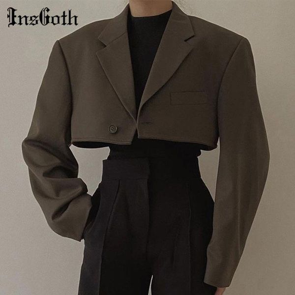

women's suits & blazers insgoth streetwear dark green suit cropped blazer harajuku long sleeve jacket retro notched collar casual women, White;black