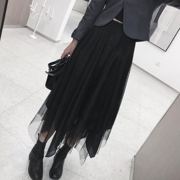 

skirts irregular mesh skirt medium length pleated long spring summer autumn winter versatile high waist a-line, Black