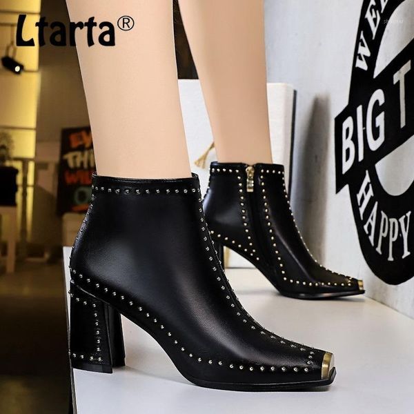 

boots ltarta women's ankle winter warm thick short plush knight high-heeled metal square head rivet booties ds-68631, Black