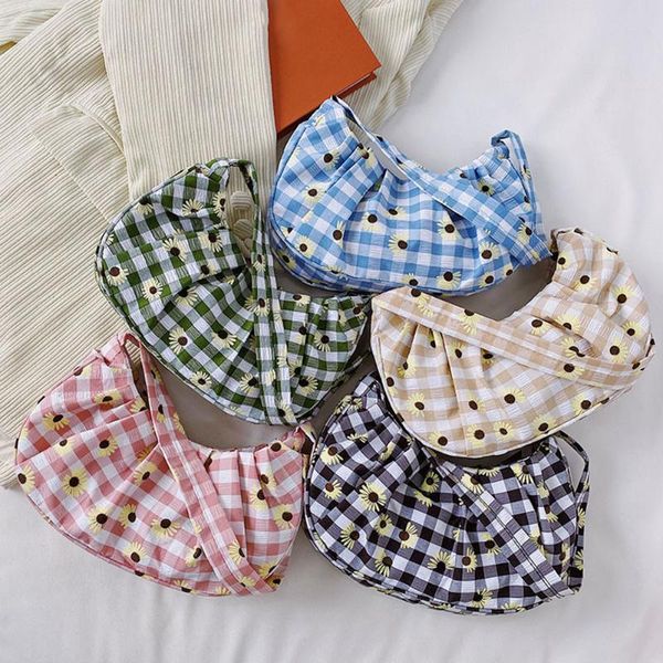 

fashion women plaid daisy printing shoulder bags pleated canvas underarm hobos bag casual all-matchÂ ladies small handbags purses evening