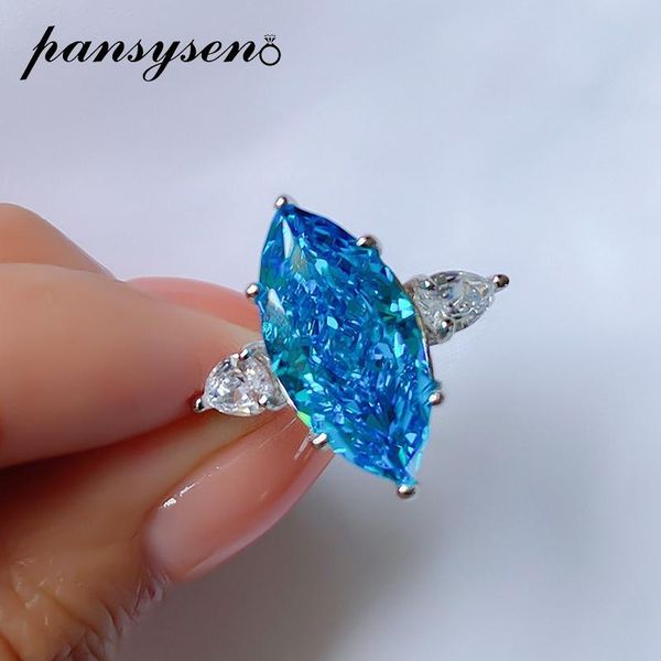 

cluster rings pansysen 100% 925 sterling silver marquise cut aquamarine gemstone engagement ring wedding bands for women fine jewelry gifts, Golden;silver