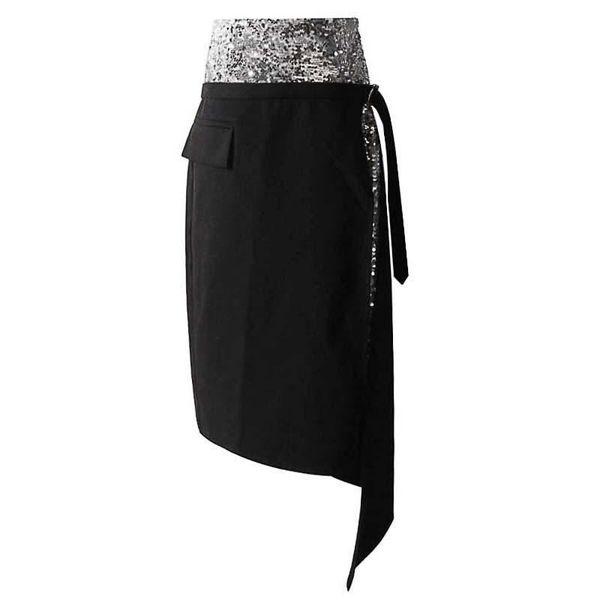 

skirts [yalee] fashion 2021 spring summer silver sequin patchwork zipper sashes irregular a-line half-body skirt women u004, Black