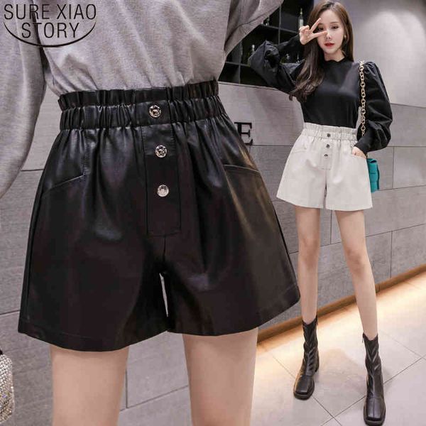 Mode A-Linie Elegante PU Leder Frauen Herbst und Winter Elastische Hohe Taille Breite Bein Shorts Böden 11090 210417