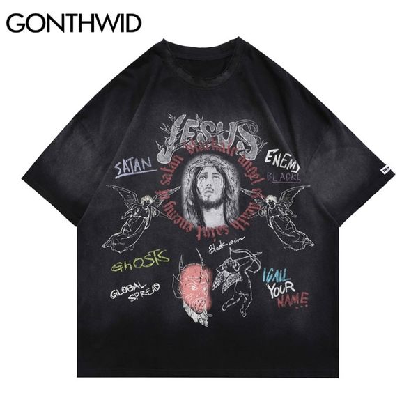 

oversized tshirts hip hop graffiti jesus angel print distressed tees shirts streetwear fashion harajuku casual 210602, White;black