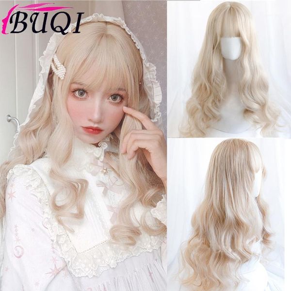 

long wigs bangs ombre light blonde curly wavy synthetic hair for women cosplay lolita party festival halloween anime1, Black