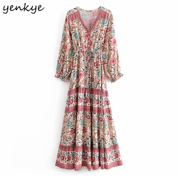 

vintage women floral print holiday casual long dress female v neck sleeve drawstring waist summer boho robe 210514, Black;gray