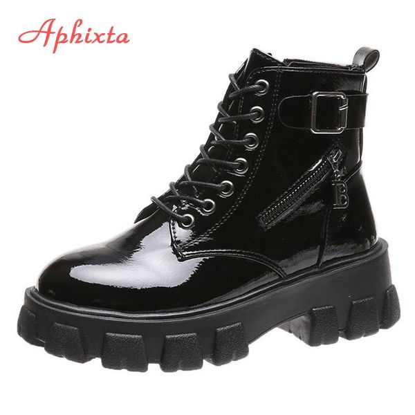 

boots aphixta 5cm heel platform women ankle height increasing lace-up zip & buckle footwear winter shoes heels woman, Black