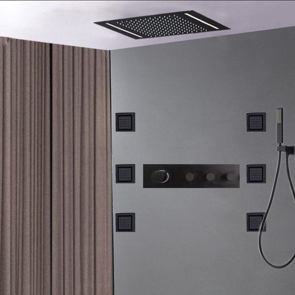 

modern black led bathroom rainfall shower 304 sus rose thermostatic mixing valve and blacked spa body jet head set sets