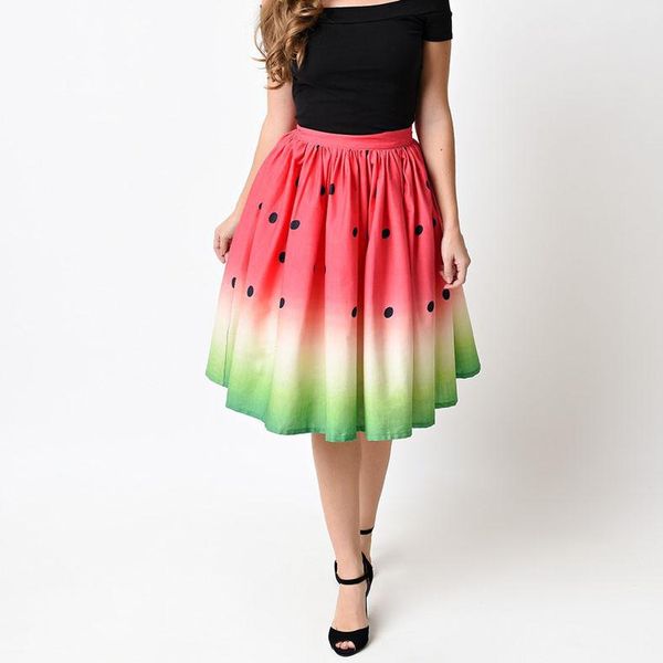 

skirts digital printing christmas style women elegant cute harajuku dot bird watermelon vintage skirt, Black