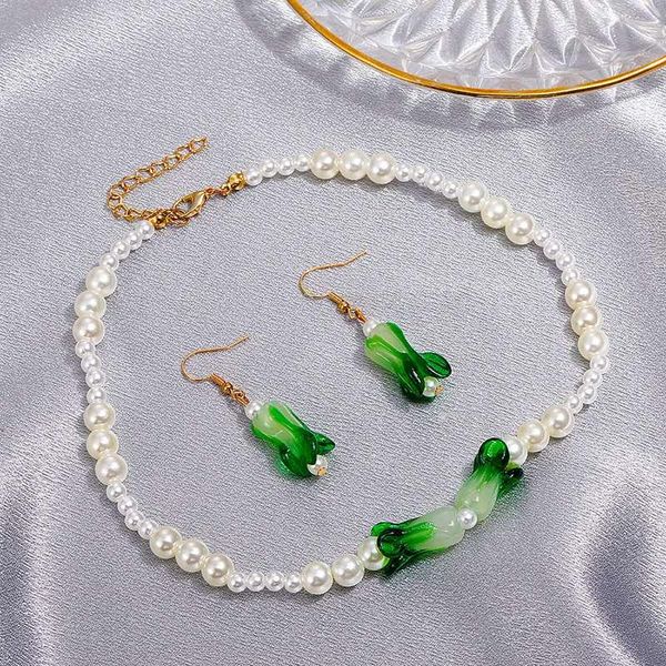 

earrings & necklace women's resin chinese cabbage jewelry set pearl necklaces pendants hanging drop for women design gifts qw063, Silver
