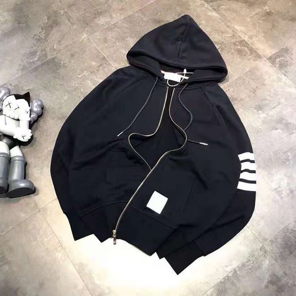 

chao brand tb four bar yarn dyed hooded long sleeve loose casual zipper cardigan for lovers, Black