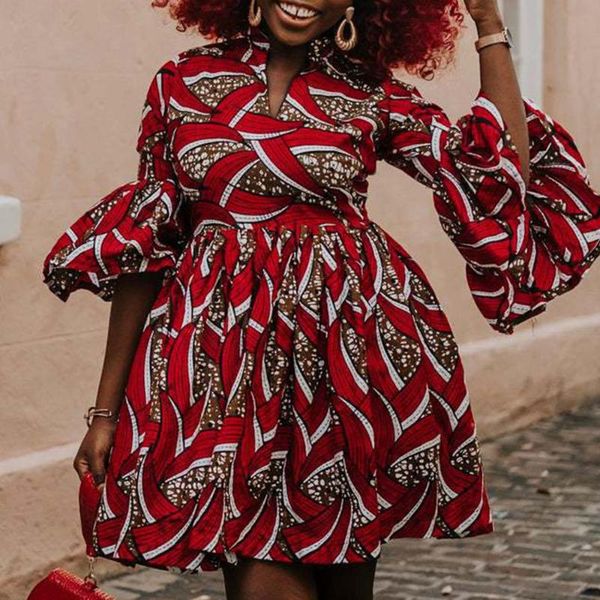 

casual dresses 2021 summer western style african oversize digital printing flared sleeves women's dress high waist v-neck, Black;gray