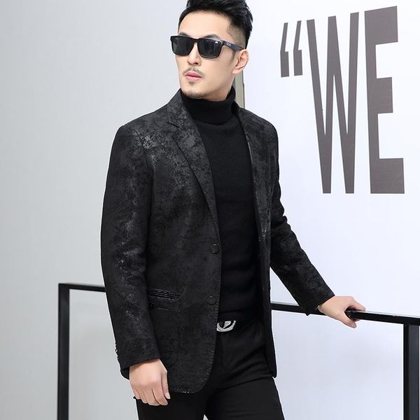 

men's suits & blazers genuine leather formal coat men fashion spring autumn printed slim blazer luxury wedding office black suit jacket, White;black
