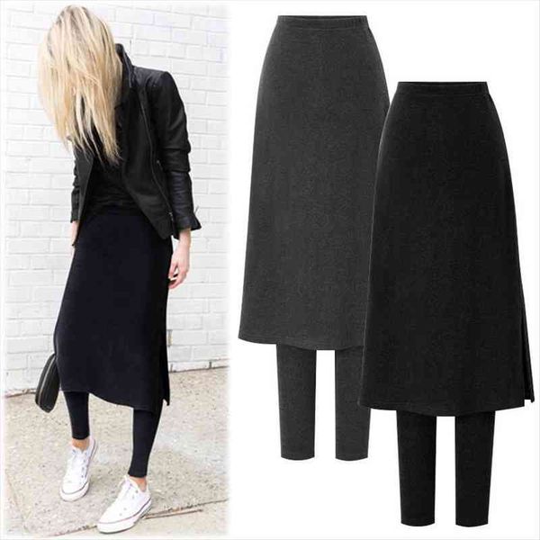 

fleece thick fake two-piece bottoming women legging culottes autumn winter warm high waist sheath skinny pants black workout leggings