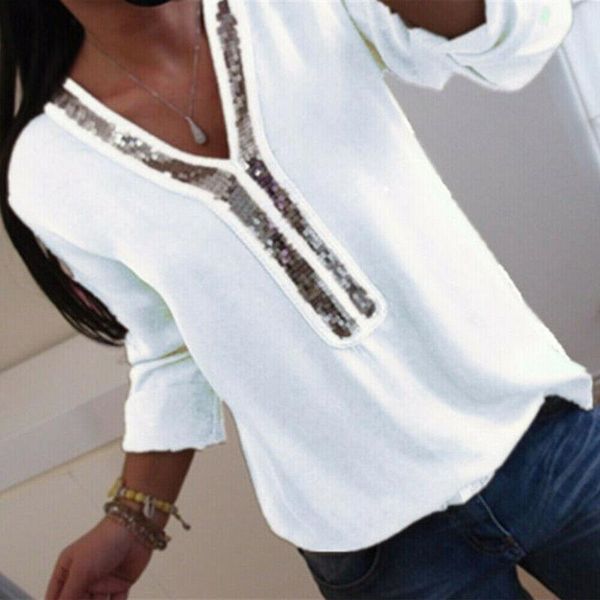 

women's blouses & shirts fashion women ladies long sleeve loose blouse summer v-neck casual clothing sequined solid soft clothes, White