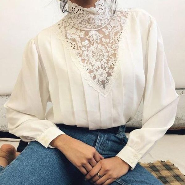 

women's blouses & shirts lugentolo white lace turtleneck blouse women fall winter fashion long sleeves loose elegant for