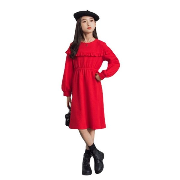 

girl's dresses yourseason waffle pattern 100% cotton girl midi autumn spring long sleeve fashion ruched dress crew neck 6 to 16 year, Red;yellow