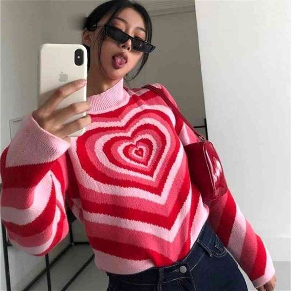 

y2k sweater aesthetics heart striped sweater turtleneck pullovers knitted crop long sleeve harajuku 90s knitwear korean, White;black