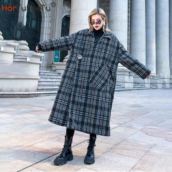 

women's wool & blends winter women plaid coat elegant cotton padded lining parka plus size loose fashion long jacket, Black
