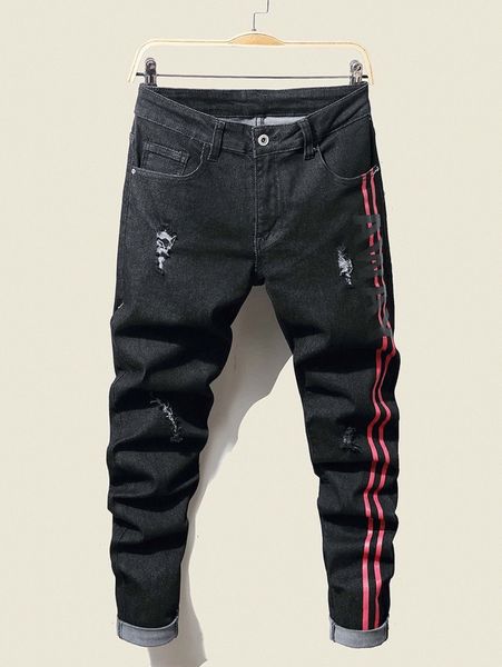 

men ripped frayed letter graphic contrast tape jeans q5xr#, Blue