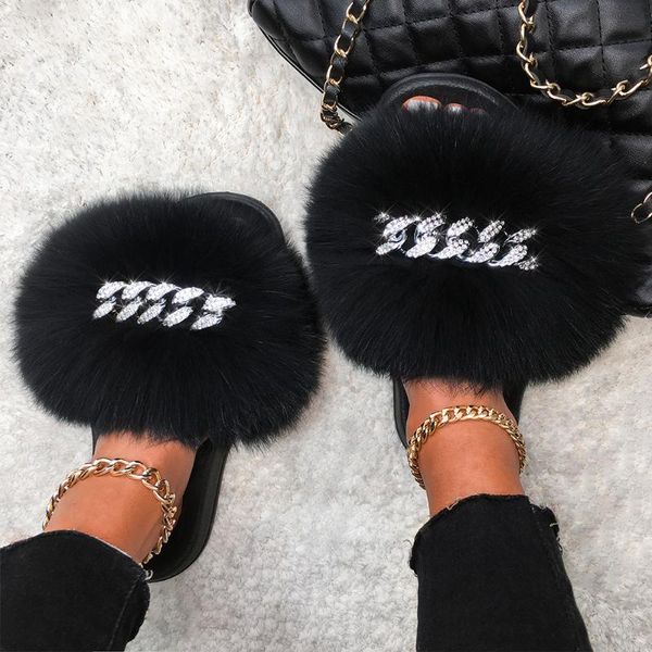 

slippers extra large fur slides real sandals slipper women fluffy designer ladies shoes summer femme pantoufles, Black