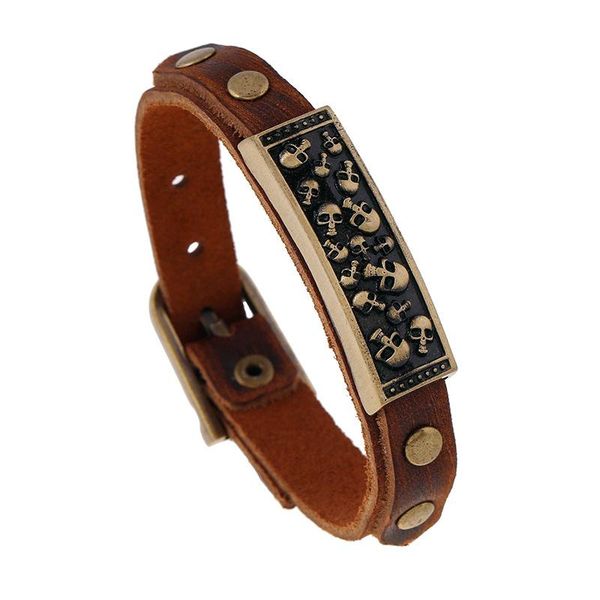 

tennis vintage antique bronze skull pattern charm leather bracelets adjustable flat punk genuine bangles jewelry gift, Golden;silver