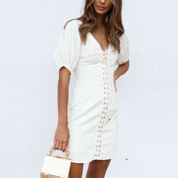 

summer casual solid color dress women wear short-sleeved v-neck slim rope decoration vestidos 210430, Black;gray