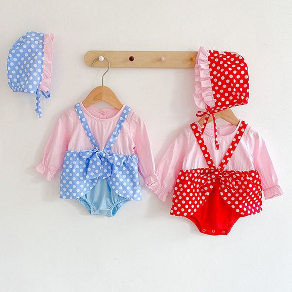 

baby girl dot rompers + hat long sleeves fake two piece spring autumn born clothes 210429, Blue