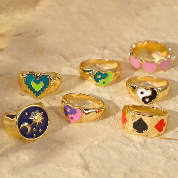 

cluster rings y2k jewelry gold-plated moon sun heart yin yang ring for women vintage punk fashion poker charms 90s aesthetic, Golden;silver