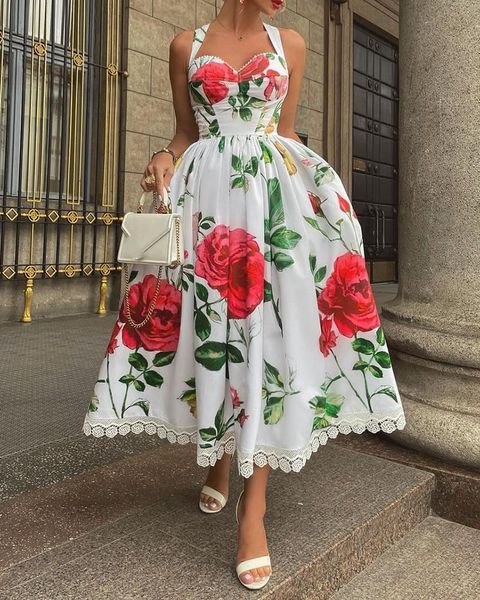 

women's blouses & shirts floral print halter lace trim party dress, White