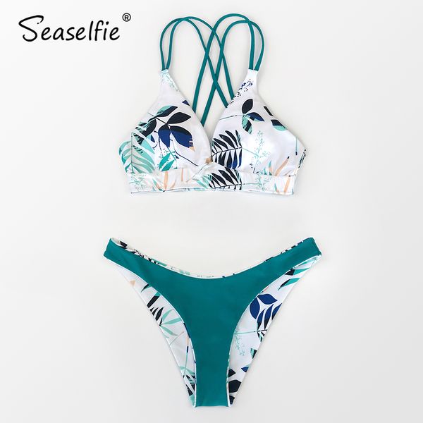 

seaselfie reversible bottom low-waist bikini set women leafy thong bikini two pieces swimsuits 2021 beach swimming suit, White;black