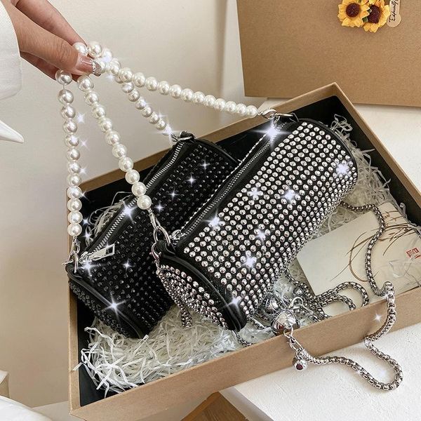 

evening bags 2021 luxury pearl handheld drum bag rhinestone chain women's shoulder armpit sequined clutch purse lady handbags