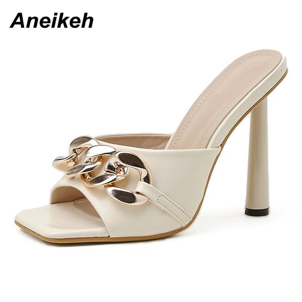 

summer fashion women mules thin high heel pu metal decoration shoes square toe shallow elegant slippers 210507, Black