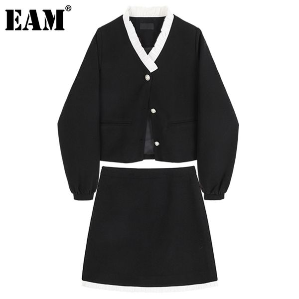 

[eam] half-body skirt black knitting two pieces suit white v-collar long sleeve women fashion spring autumn 1dd6296 21512