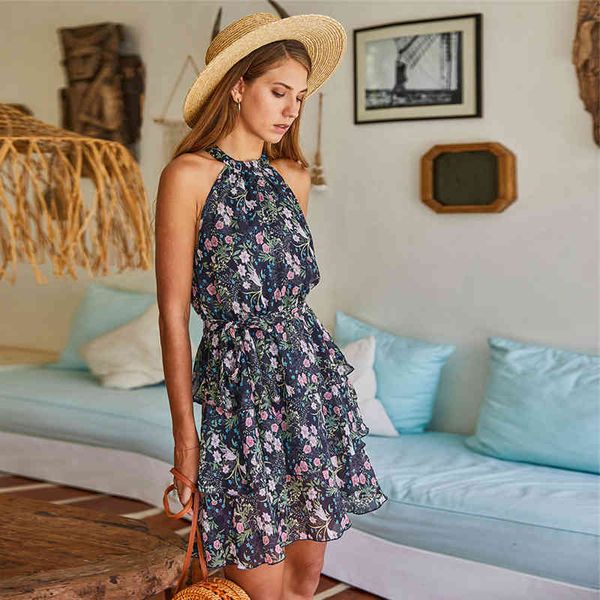 

2021 new temperament ladies ruffles halter floral short women slim boho style layered summer chiffon print dress, Black;gray