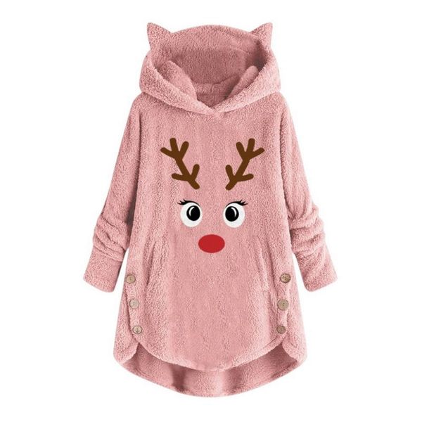 

women's hoodies & sweatshirts 2021 fashion women cat ears hooded large size long sleeve button sweater warm pullover christmas printed, Black