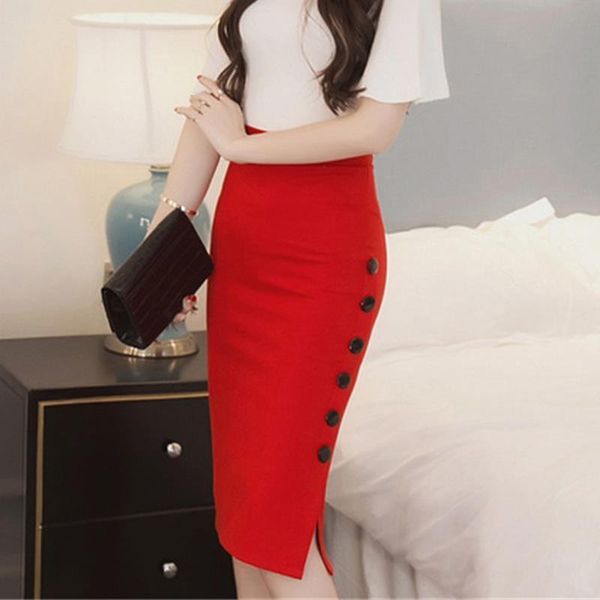 

plus size 5xl fashion solid womens skirts work midi ol open slit button slim pencil elegant office ladies red, Black
