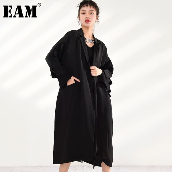 

[eam] women pocket black long big size trench lapel long sleeve loose fit windbreaker fashion spring autumn u3700 21512, Tan;black