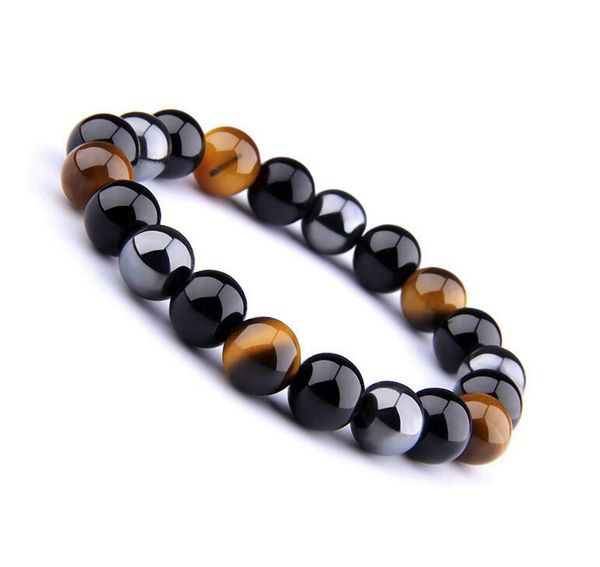 Natural Black Onyx com pedras de hematita de pedra Tiger Olho Frisado Strand Envoltório Buddha Braceletes Bangles Jóias 6mm 8mm 10mm Atacado